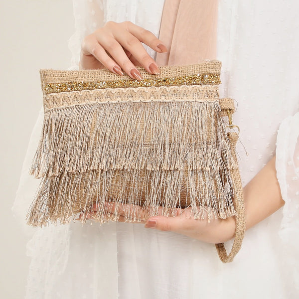 Tassels Jute Clutch with Side Hand