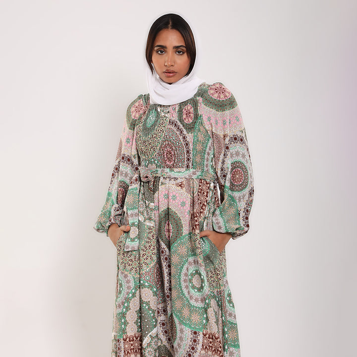 Printed smocked Long Dress