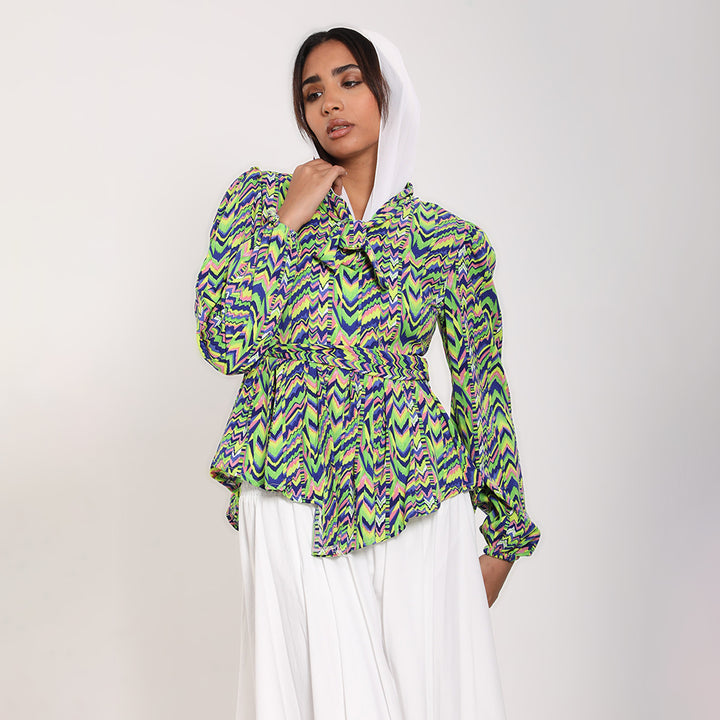 Printed asymmetric blouse with tie-fastening