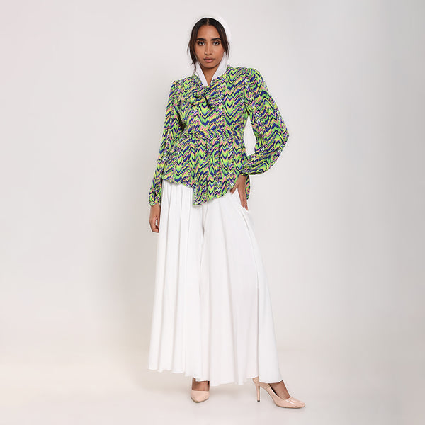 Printed asymmetric blouse with tie-fastening