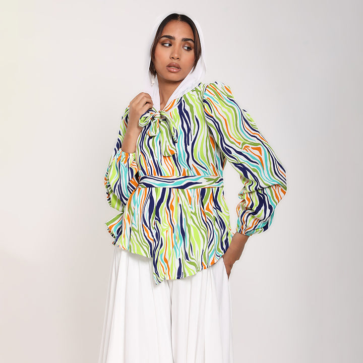 Printed asymmetric blouse with tie-fastening