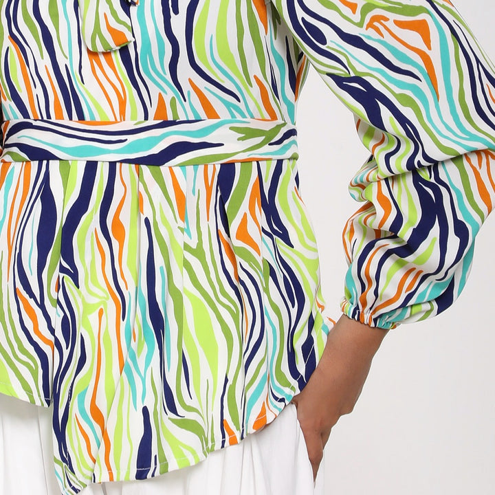 Printed asymmetric blouse with tie-fastening