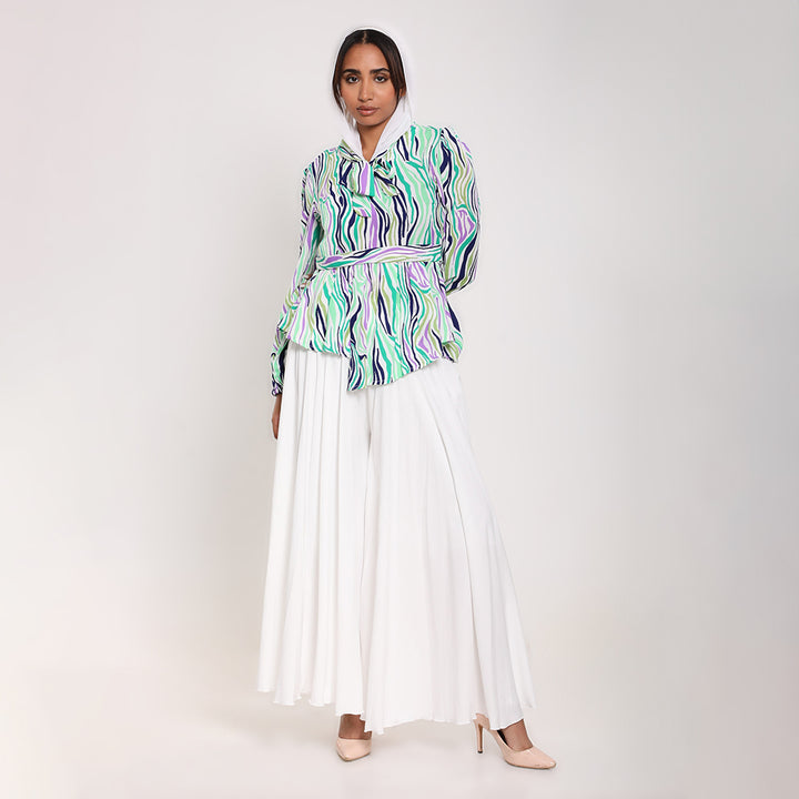 Printed asymmetric blouse with tie-fastening